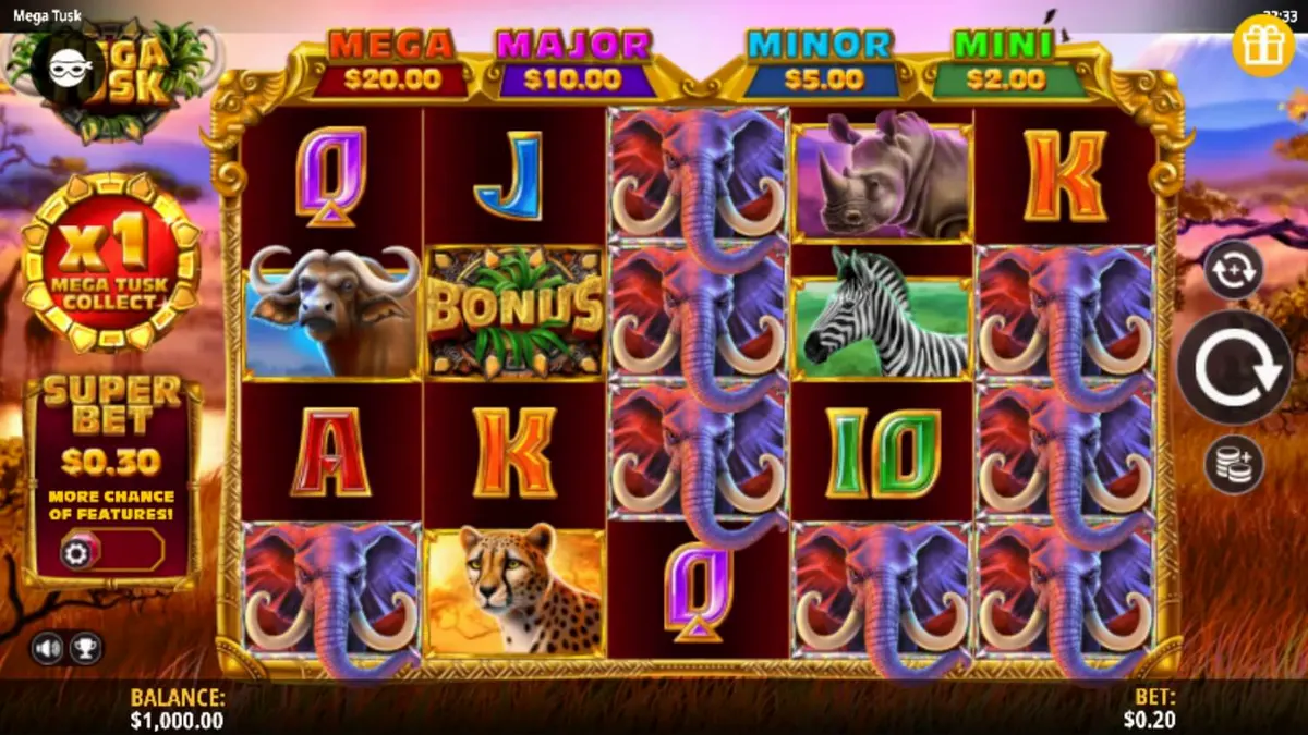Pemandangan savana Afrika yang indah dalam slot Mega Tusk